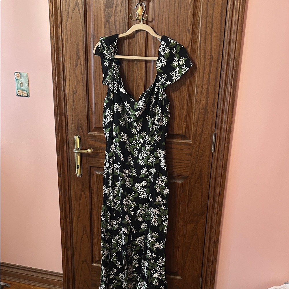 Reformation Black Floral Maxi Dress with White & Green Print